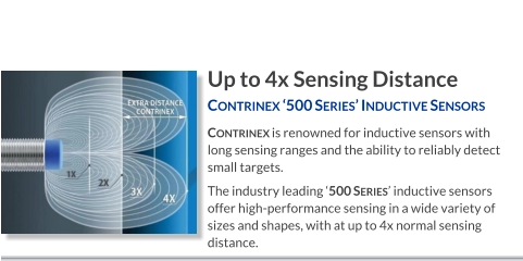 Up to 4x Sensing Distance Contrinex ‘500 Series’ Inductive Sensors   Contrinex is renowned for inductive sensors with long sensing ranges and the ability to reliably detect small targets.  The industry leading ‘500 Series’ inductive sensors offer high-performance sensing in a wide variety of sizes and shapes, with at up to 4x normal sensing distance.